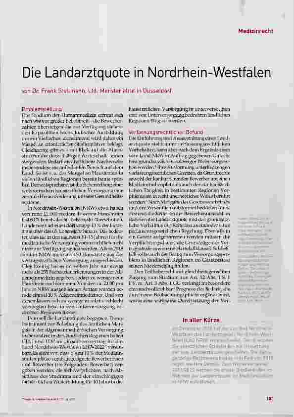 Vorschauseite 1: MedizinrechtDie Landarztquote in Nordrhein-Westfalen