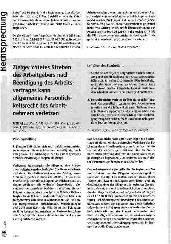Vorschauseite 1: Zielgerichtetes Streben des Arbeitgebers nach Beendigung des Arbeitsvertrages kann allgemeines Persönlichkeitsrecht des Arbeitnehmers verletzen