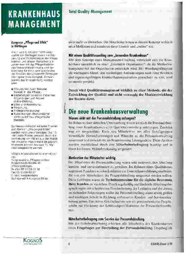 Vorschauseite 1: Die neue Krankenhausverwaltung Warum nicht mit der Personalabteilung anfangen?