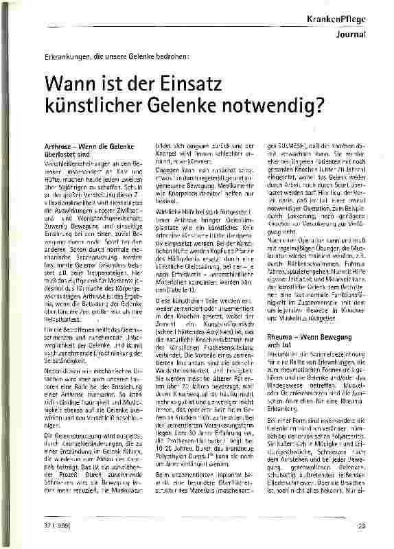 Vorschauseite 1: Wann ist der Einsatz künstlicher Gelenke notwendig? Erkrankungen, die unsere Gelenke bedrohen
