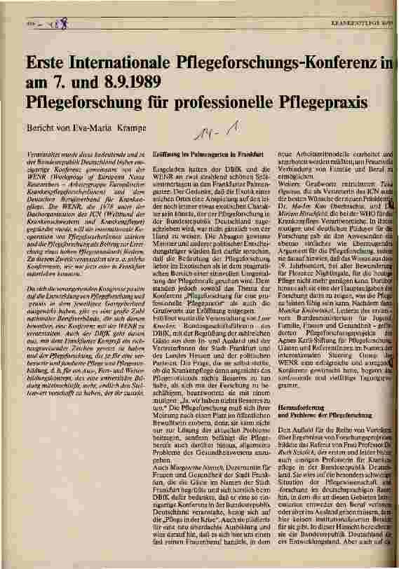 Vorschauseite 1: Erste Internationale Pflegeforschungs-Konferenz in der BRD vom 7.-8.9.89 - Pflegeforschung für professionelle Pflegepraxis