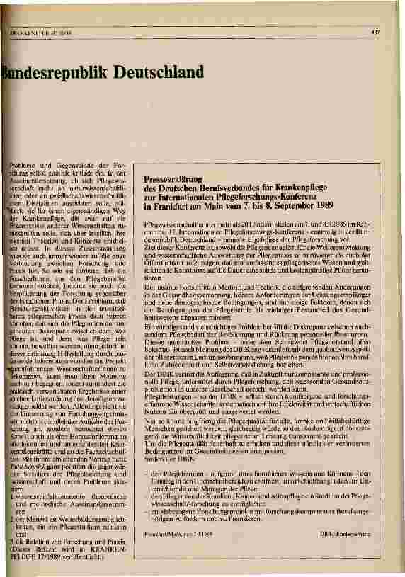 Vorschauseite 2: Erste Internationale Pflegeforschungs-Konferenz in der BRD vom 7.-8.9.89 - Pflegeforschung für professionelle Pflegepraxis