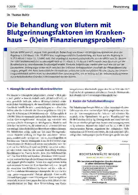 Vorschauseite 1: Die Behandlung von Blutern mit Blutgerinnungsfaktoren im Krankenhaus - (k)ein Finanzierungsproblem?