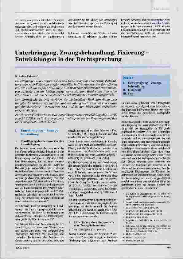 Vorschauseite 1: Unterbringung, Zwangsbehandlung, Fixierung Entwicklungen in der Rechtsprechung