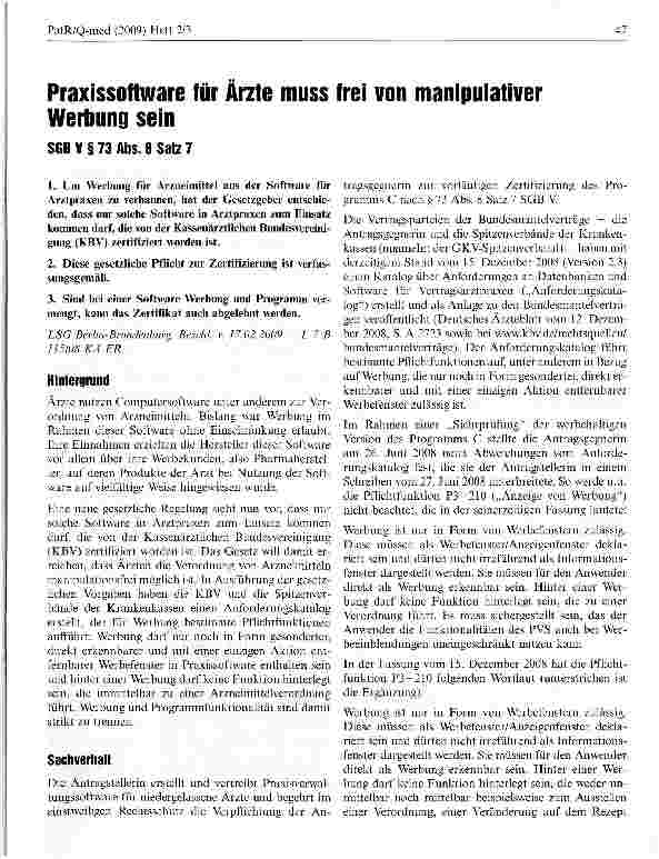 Vorschauseite 1: Praxissoftware für Ärzte muss frei von manipulativer Werbung seinSGB V § 73 Abs. 8 Satz 7