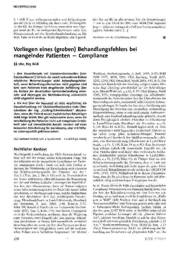 Vorschauseite 1: Vorliegen eines (groben) Behandlungsfehlers bei mangelnder Patienten - Compliance§§ 280, 823 BGB