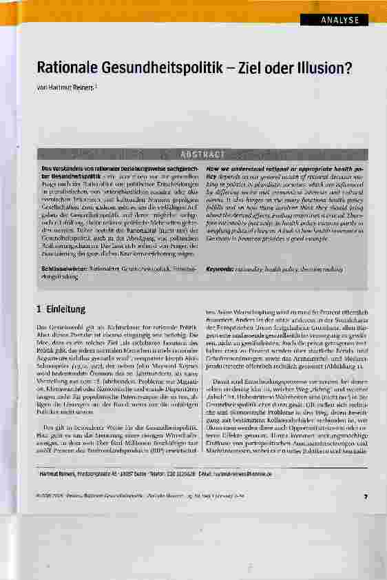Vorschauseite 1: Rationale Gesundheitspolitik-Ziel oder Illusion?
