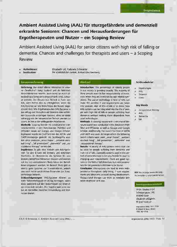 Vorschauseite 1: Ambient Assisted Living (AAL) für sturzgefährdete und demenziell erkrankte Senioren: Chancen und Herausforderungen für Ergotherapeuten und Nutzer - ein Scoping Review