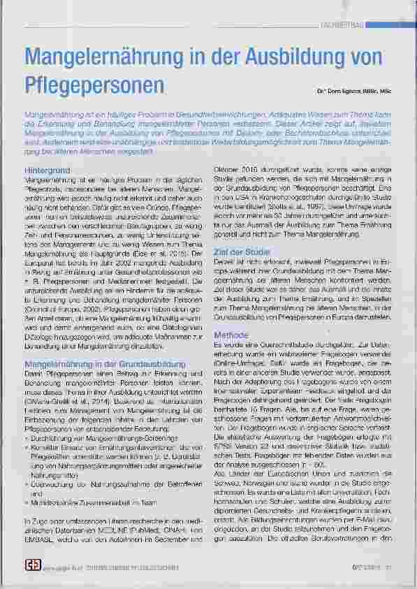 Vorschauseite 1: Mangelernährung in der Ausbildung von Pflegepersonen