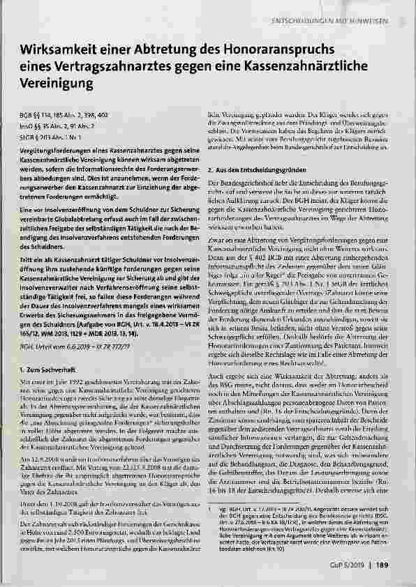 Vorschauseite 1: Wirksamkeit einer Abtretung des Honoraranspruchs eines Vertragszahnarztes gegen eine Kassenzahnärztliche Vereinigung