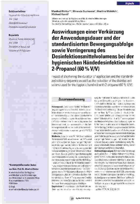 Vorschauseite 1: Auswirkungen einer Verkürzung der Anwendungsdauer und der standardisierten Bewegungsabfolge sowie Verringerung des Desinfektionsmittelvolumens bei der hygienischen Händedesinfekti…