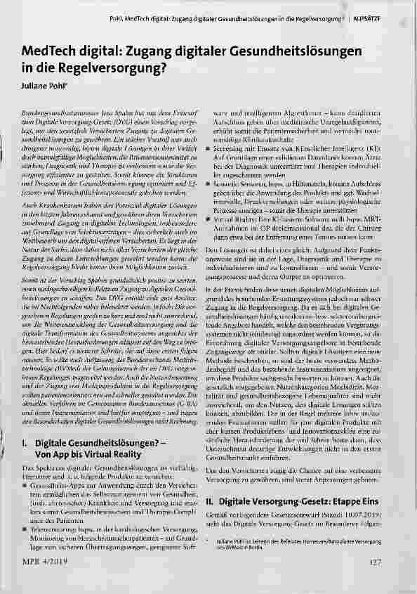 Vorschauseite 1: MedTech digital: Zugang digitaler Gesundheitslösungen in die Regelversorgung?