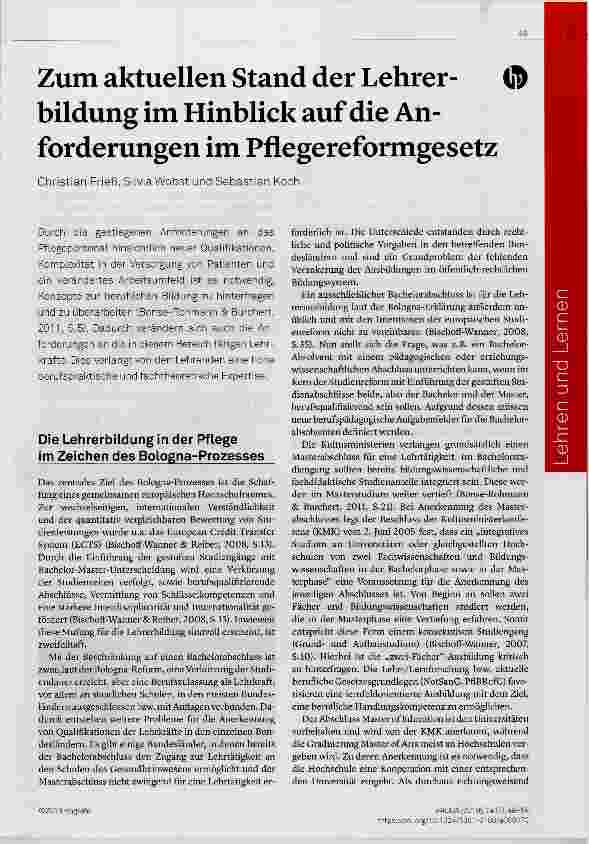 Vorschauseite 1: Zum aktuellen Stand der Lehrerbildung im Hinblick auf die Anforderungen im Pflegereformgesetz