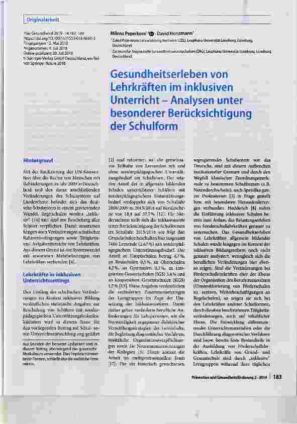 Vorschauseite 1: Gesundheitserleben von Lehrkräften im inklusiven Unterricht - Analysen unter besonderer Berücksichtigung der Schulform