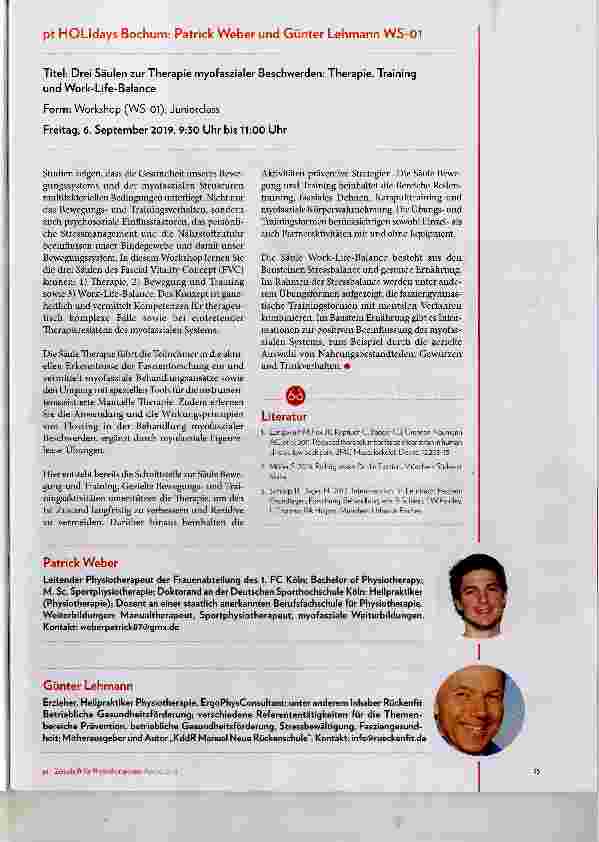Vorschauseite 1: pt HOLIdays Bochum: Patrick Weber und Günter Lehmann WS-01 Titel: Drei Säulen zur Therapie myofaszialer Beschwerden: Therapie, Training und Work-Life-Balance