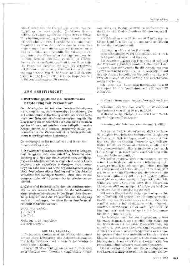 Vorschauseite 1: Mitteilungspflicht bei Benehmensherstellung mit Personalrat