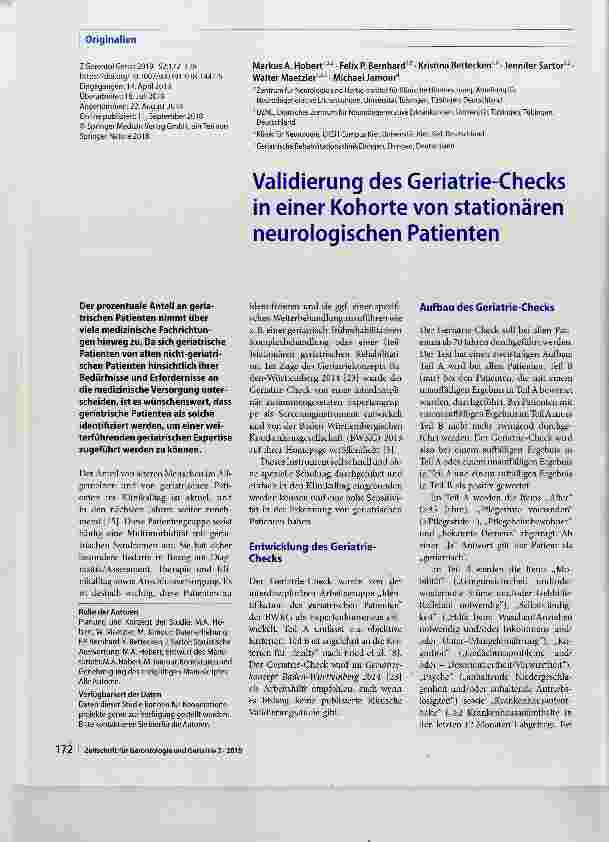 Vorschauseite 1: Validierung des Geriatrie-Checks in einer Kohorte von stationären neurologischen Patienten