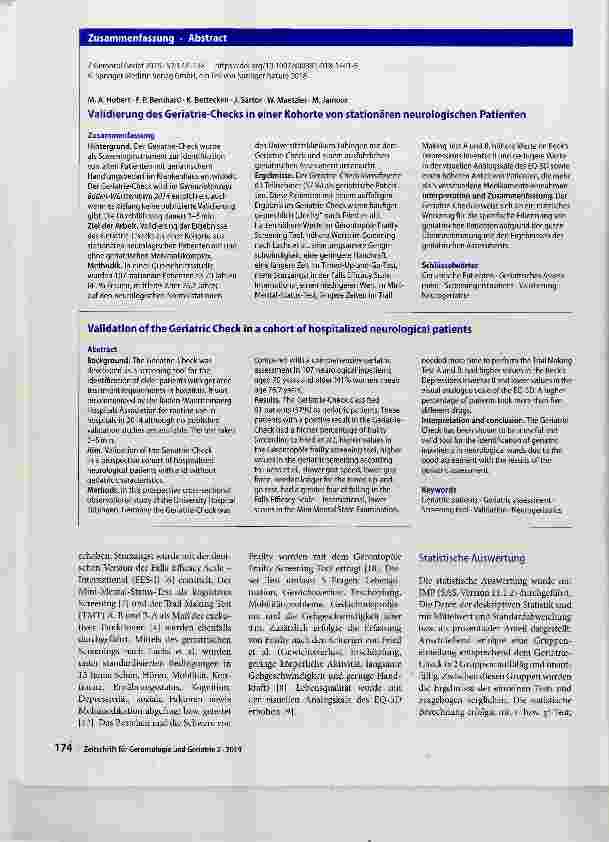 Vorschauseite 3: Validierung des Geriatrie-Checks in einer Kohorte von stationären neurologischen Patienten