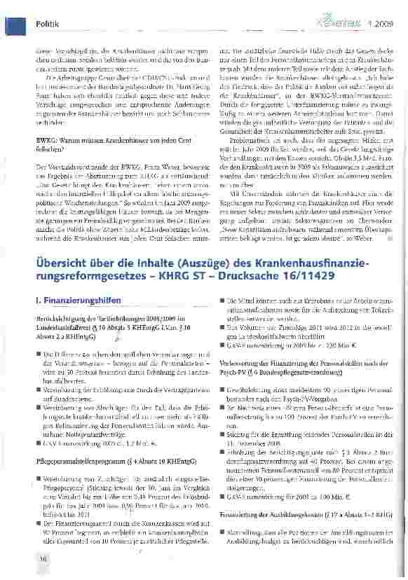 Vorschauseite 1: Übersicht über die Inhalte (Auszüge) des Krankenhausfinanzierungsreformgesetzes - KHRG ST - Drucksache 16/11429