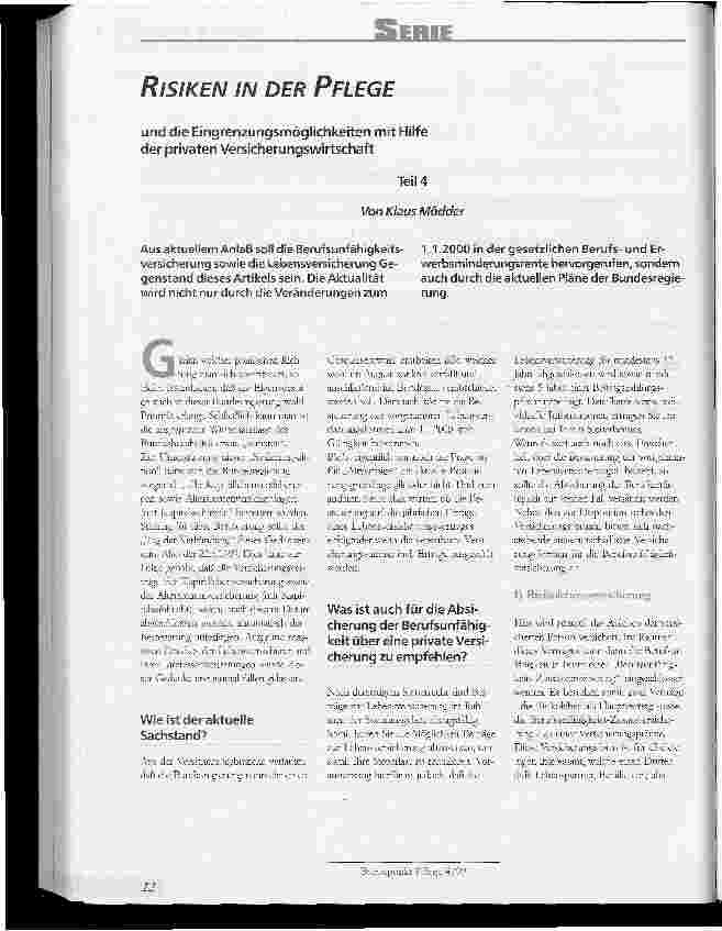 Vorschauseite 1: Risiken in der Pflege und die Eingrenzungsmöglichkeiten mit Hilfe der privaten Versicherungswirtschaft