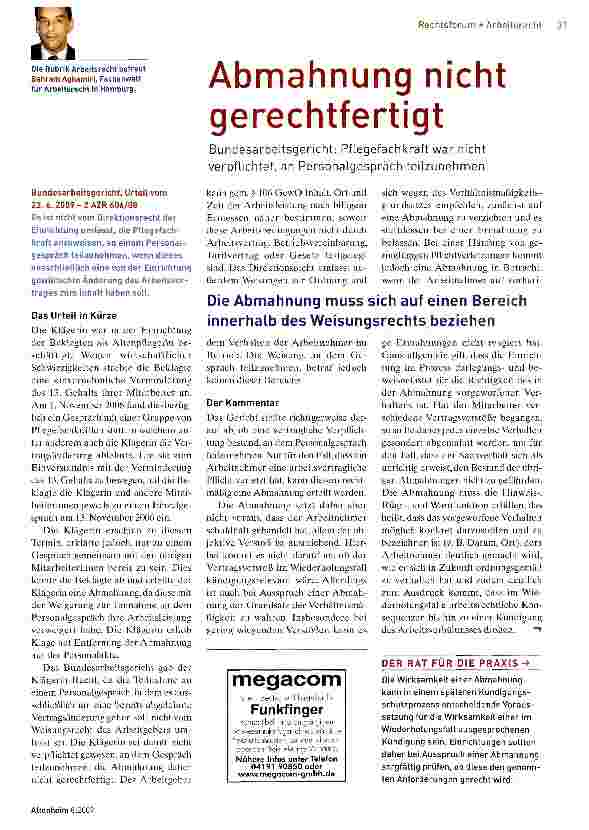 Vorschauseite 1: Abmahnung nicht gerechtfertigt Bundesarbeitsgericht: Pflegefachkraft war nicht verpflichtet, an Personalgespräch teilzunehmen