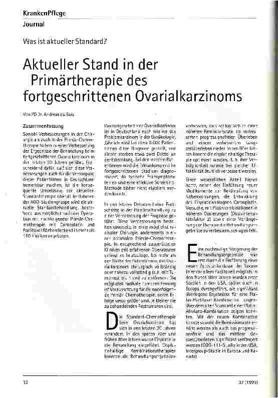 Vorschauseite 1: Was ist aktueller Standard? Aktueller Standard in der Primärtherapie des fortgeschrittenen Ovarialkarzinoms