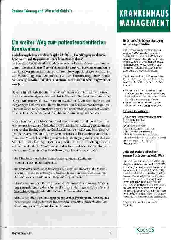 Vorschauseite 1: Ein weiter Weg zum patientenorientierten Krankenhaus Zwischenergebnis auf dem Projekt BAzOK