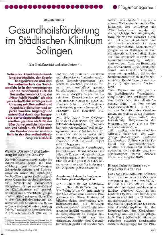 Vorschauseite 1: Gesundheitsförderung im Städtischen Klinikum Solingen Ein Modellprojekt und seine Folgen
