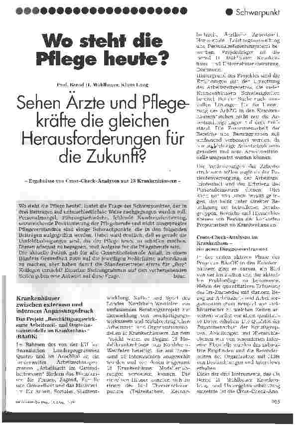 Vorschauseite 1: Wo steht die Pflege heute? Ergebnisse von Cross-Check-Analysen aus 18 Krankenhäusern