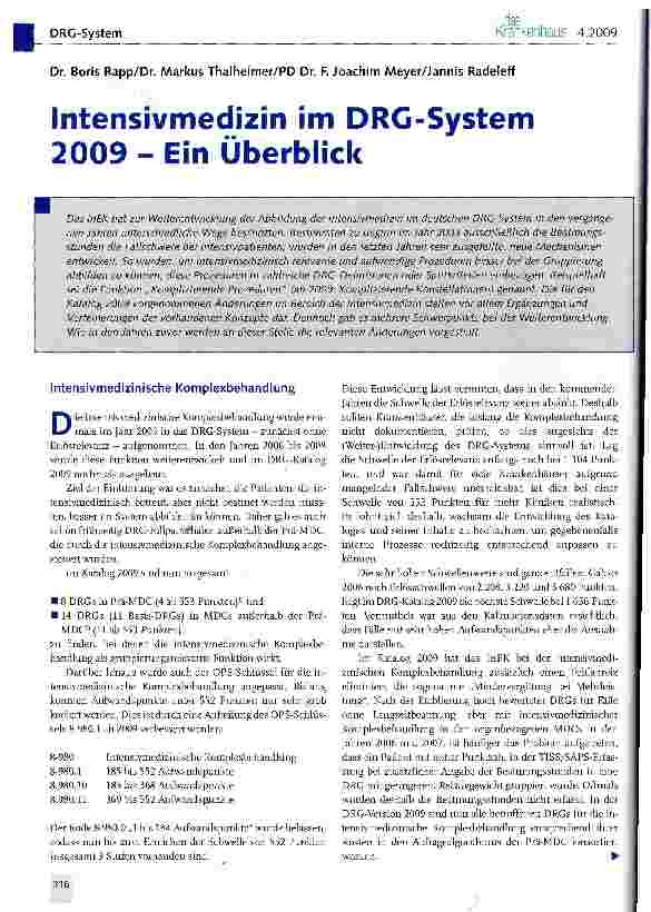 Vorschauseite 1: Intensivmedizin im DRG-System 2009 - Ein Überblick