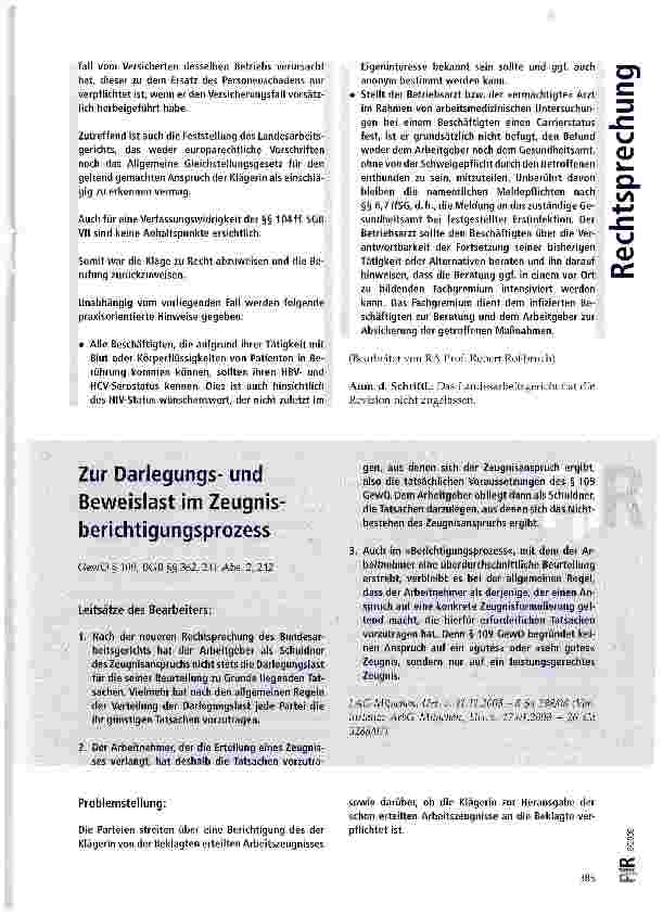Vorschauseite 1: Zur Darlegungsund Beweislast im Zeugnis-berichtigungsprozess