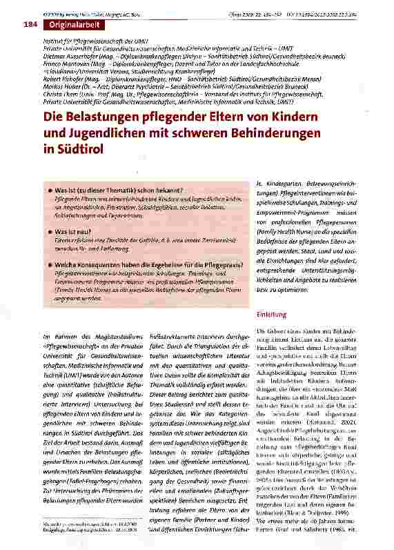 Vorschauseite 1: Die Belastungen pflegender Eltern von Kindern und Jugendlichen mit schweren Behinderungen in Südtirol