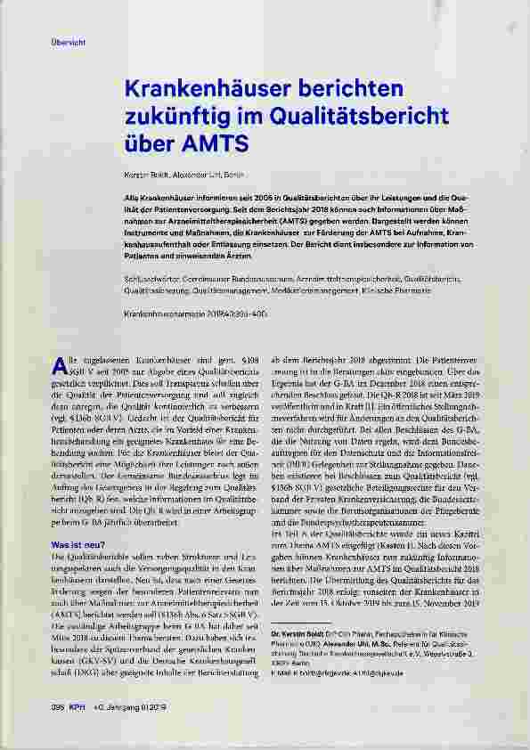 Vorschauseite 1: Krankenhäuser berichten zukünftig im Qualitätsbericht über AMTS