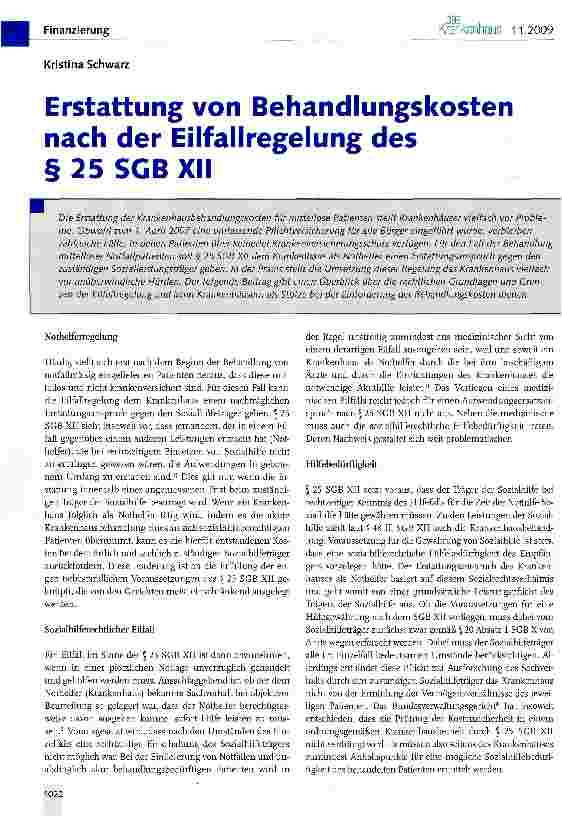 Vorschauseite 1: Erstattung von Behandlungskosten nach der Eilfallregelung des § 25 SGB XII
