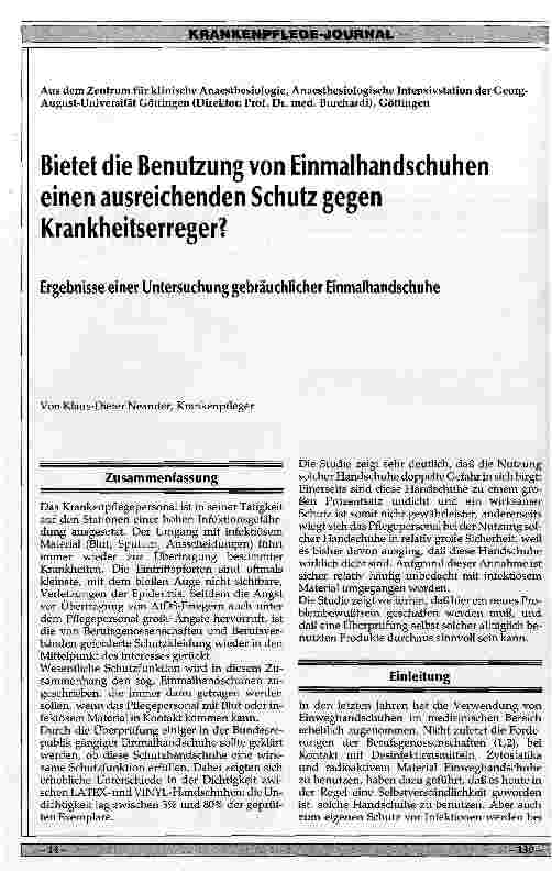 Vorschauseite 1: Bietet die Benutzung von Einmalhandschuhen einen ausreichenden Schutz gegen Krankheitserreger? Ergebnisse einer Untersuchung