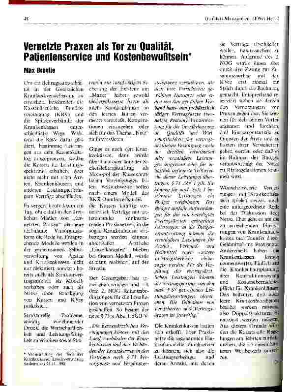 Vorschauseite 1: Vernetzte Praxen als Tor zu Qualität, Patientenservice und Kostenbewußtsein