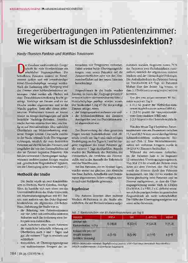 Vorschauseite 1: Erregerübertragungen im Patientenzimmer: Wie wirksam ist die Schlussdesinfektion?