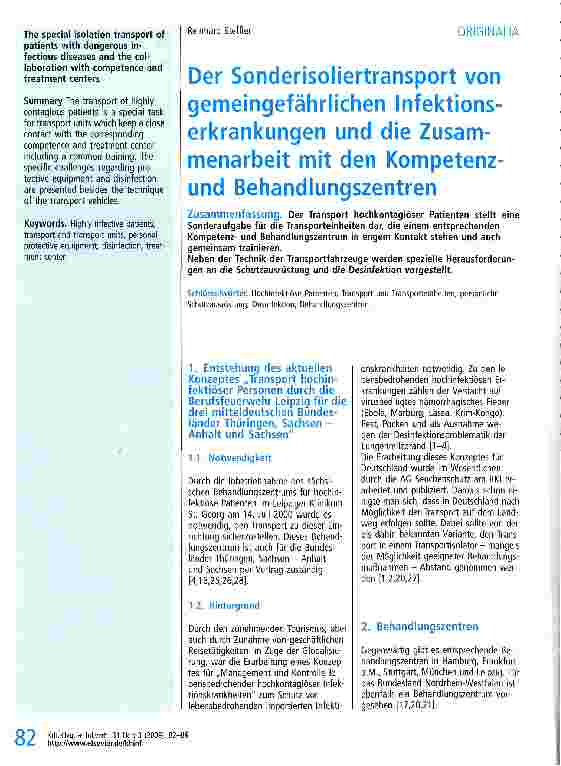Vorschauseite 1: Der Sonderisoliertransport von gemeingefährlichen Infektionserkrankungen und die Zusammenarbeit mit den Kompetenz-und Behandlungszentren