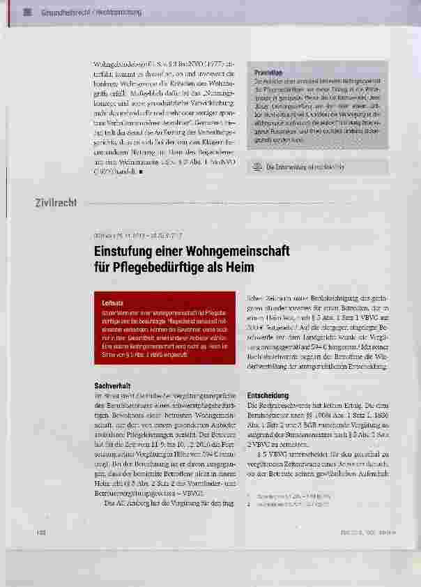 Vorschauseite 3: Zulässigkeit einer Wohngemeinschaft für Pflegebedürftige in einem Wohngebiet