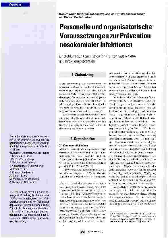 Vorschauseite 1: Personelle und organisatorische Voraussetzungen zur Prävention nosokomialer Infektionen
