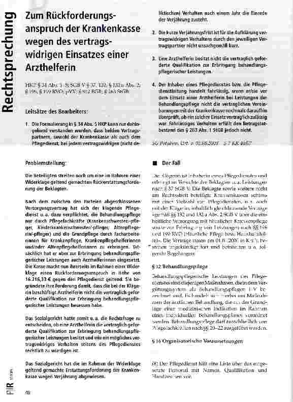 Vorschauseite 1: Zum Rückforderungs-anspruch der Krankenkasse wegen des vertragswidrigen Einsatzes einer Arzthelferin
