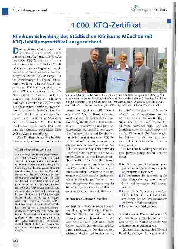 Vorschauseite 1: Klinikum Schwabing des Städtischen Klinikums München mit KTQ-Jubiläumszertifikat ausgezeichnet