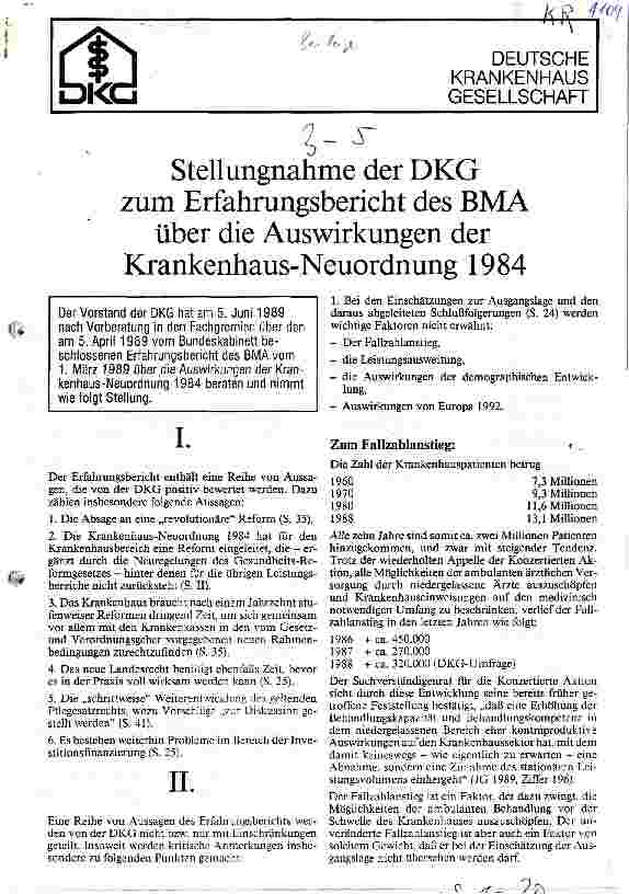 Vorschauseite 1: Stellungnahme der DKG zum Erfahrungsbericht des BMA über die Auswirkungen der Krankenhaus-Neuordnung 1984