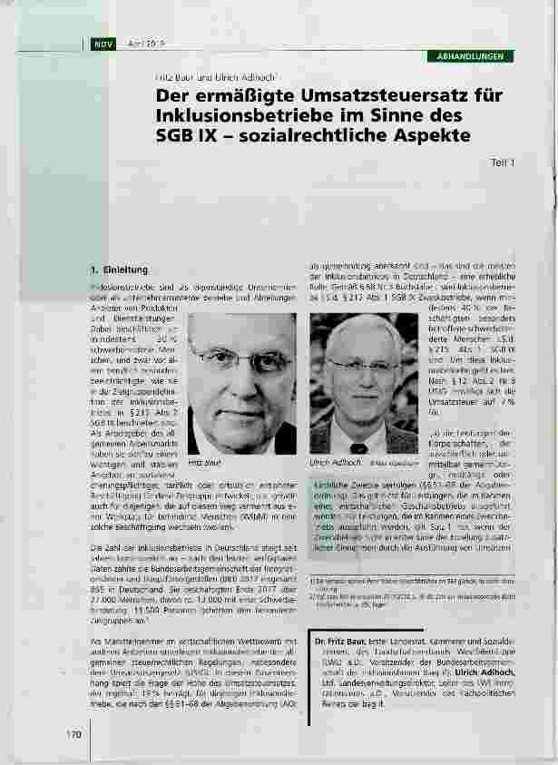Vorschauseite 1: Der ermäßigte Umsatzsteuersatz für Inklusionsbetriebe im Sinne des SGB IX sozialrechtliche Aspekte Teil 1