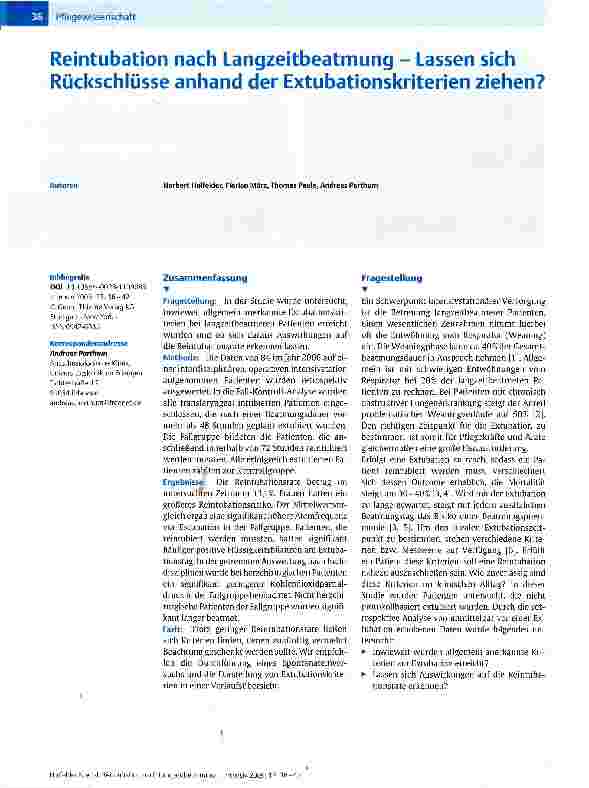 Vorschauseite 1: Reintubation nach Langzeitbeatmung - Lassen sich Rückschlüsse anhand der Extubationskriterien ziehen?
