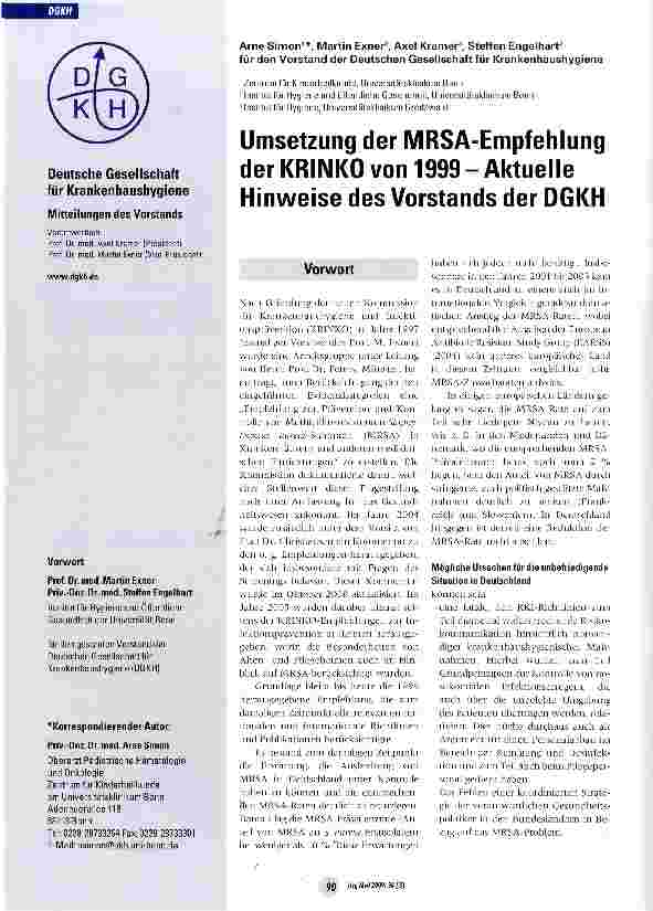 Vorschauseite 1: Umsetzung der MRSA-Empfehlung der KRINKO von 1999 -Aktuelle Hinweise des Vorstands der DGKH