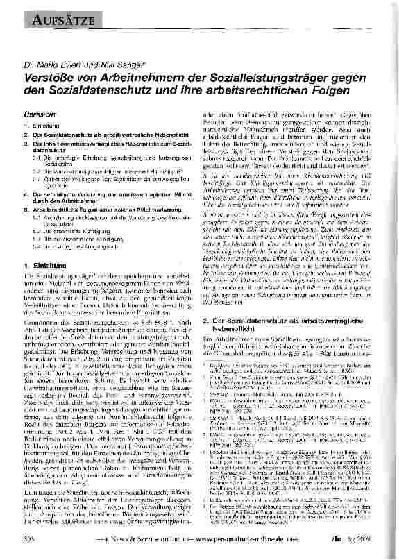Vorschauseite 1: Verstöße von Arbeitnehmern der Sozialleistungsträger gegen den Sozialdatenschutz und ihre arheitsrechtlichen Folgen