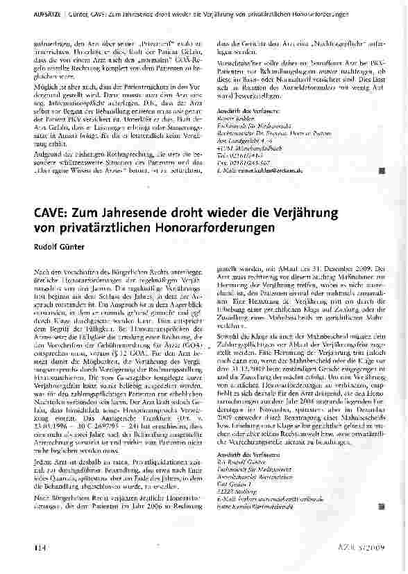 Vorschauseite 1: CAVE: Zum Jahresende droht wieder die Verjährung von privatärztlichen Honorarforderungen