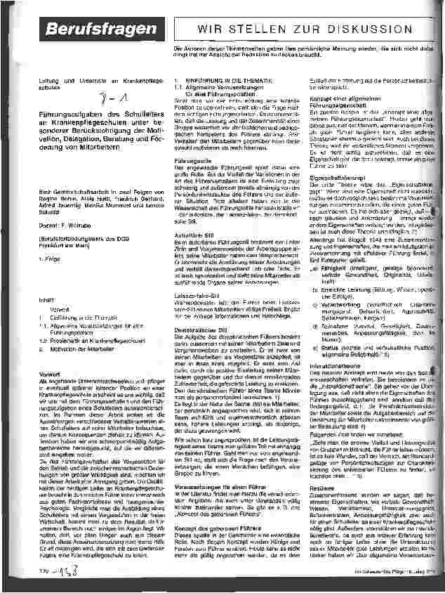 Vorschauseite 1: Führungsaufgaben des Schulleiters an Krankenpflegeschulen unter besonderer Berücksichtigung der Motivation, Beratung u. Förderung der Mitarb.
