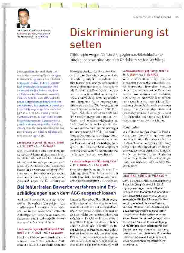 Vorschauseite 1: Diskriminierung ist seltenZahlungen wegen Verstoßes gegen das Gleichbehand-lungsgesetz werden von den Gerichten selten verhängt